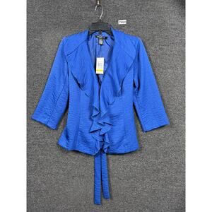 89th & Madison Blazer Jacket Womens Medium Blue Ruffle Front Tie Belted Lined
